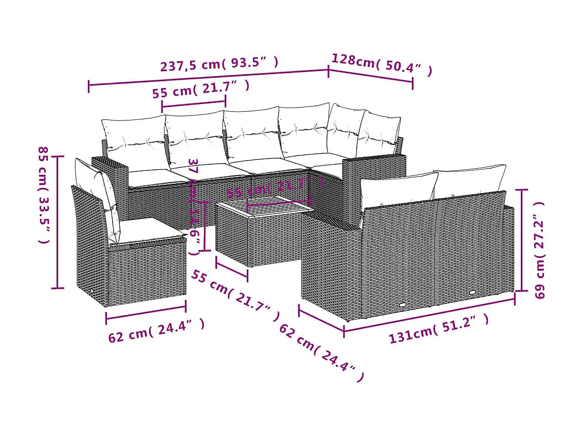 Salon de jardin avec coussins 9 pcs beige résine tressée