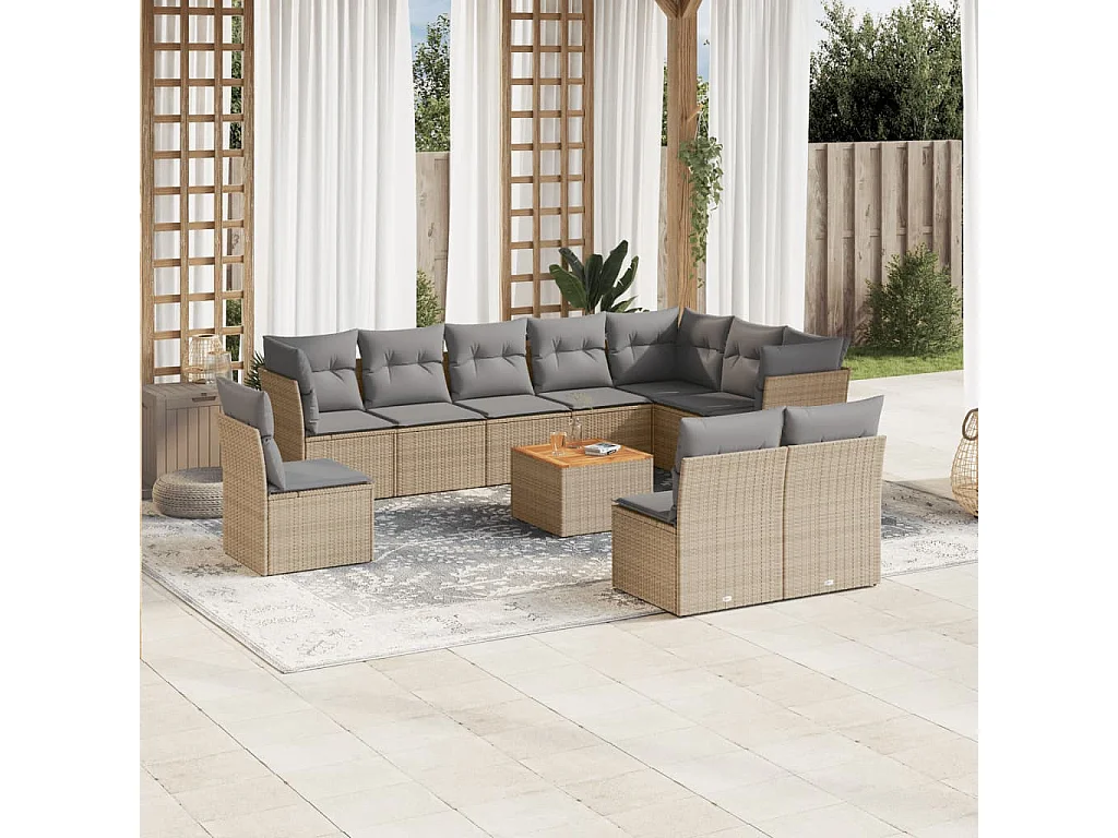 Salon de jardin et coussins 11 pcs mélange beige résine tressée