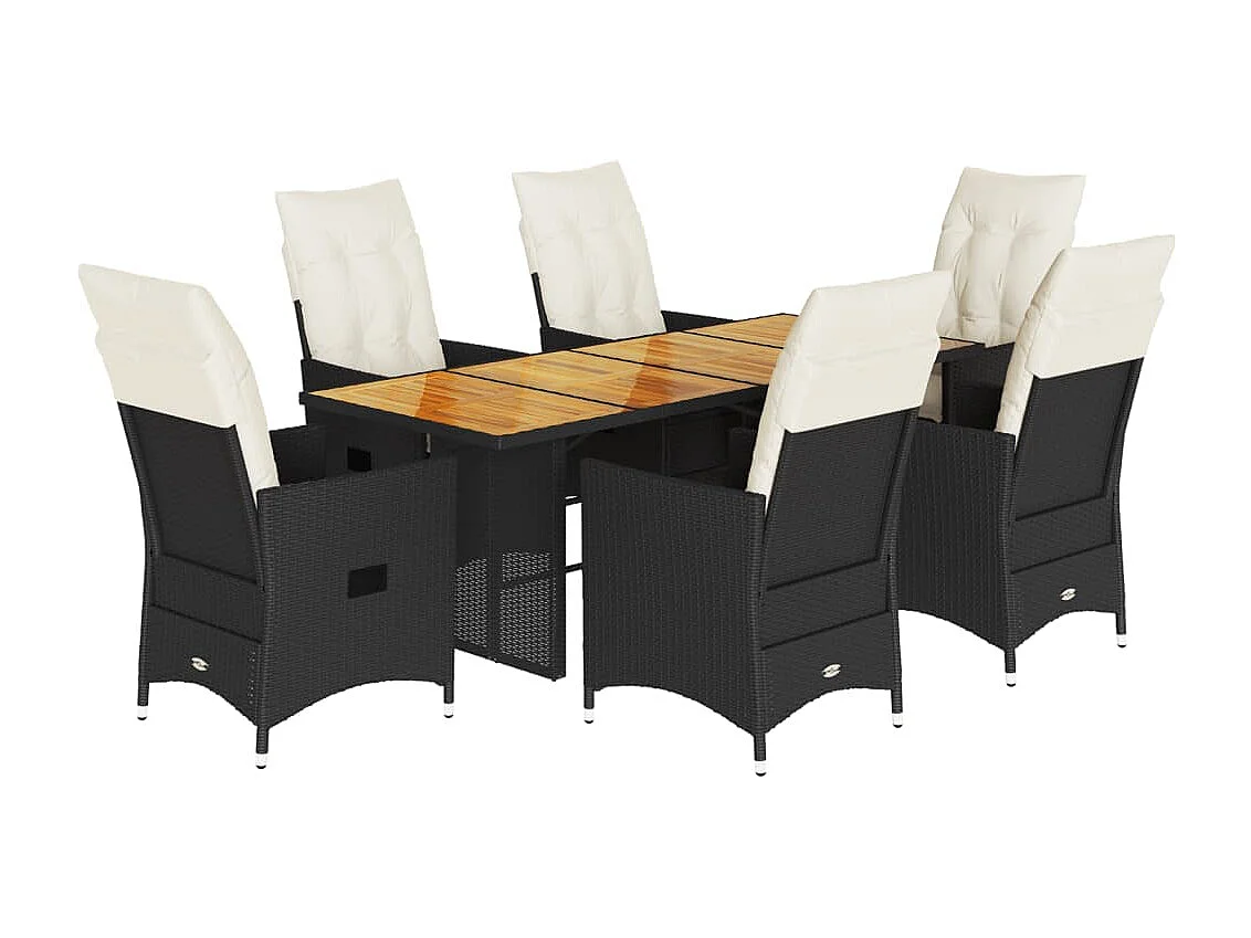 Set de comedor de jardín 7 pzas y cojines ratán sintético negro