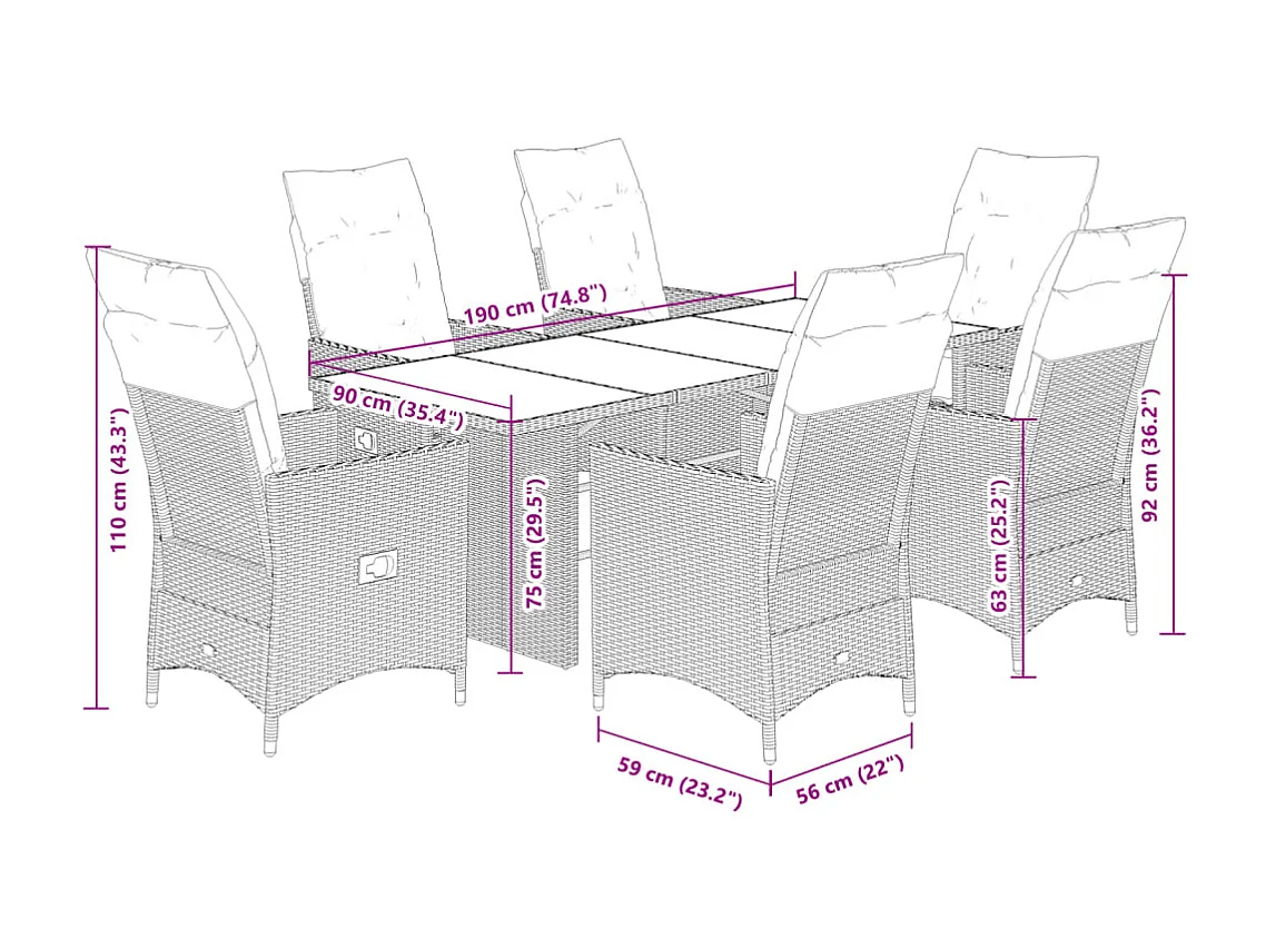 Set de comedor de jardín 7 pzas y cojines ratán sintético negro