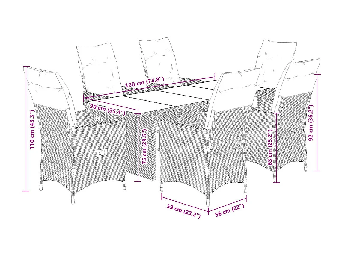 Set de comedor de jardín 7 pzas y cojines ratán sintético negro