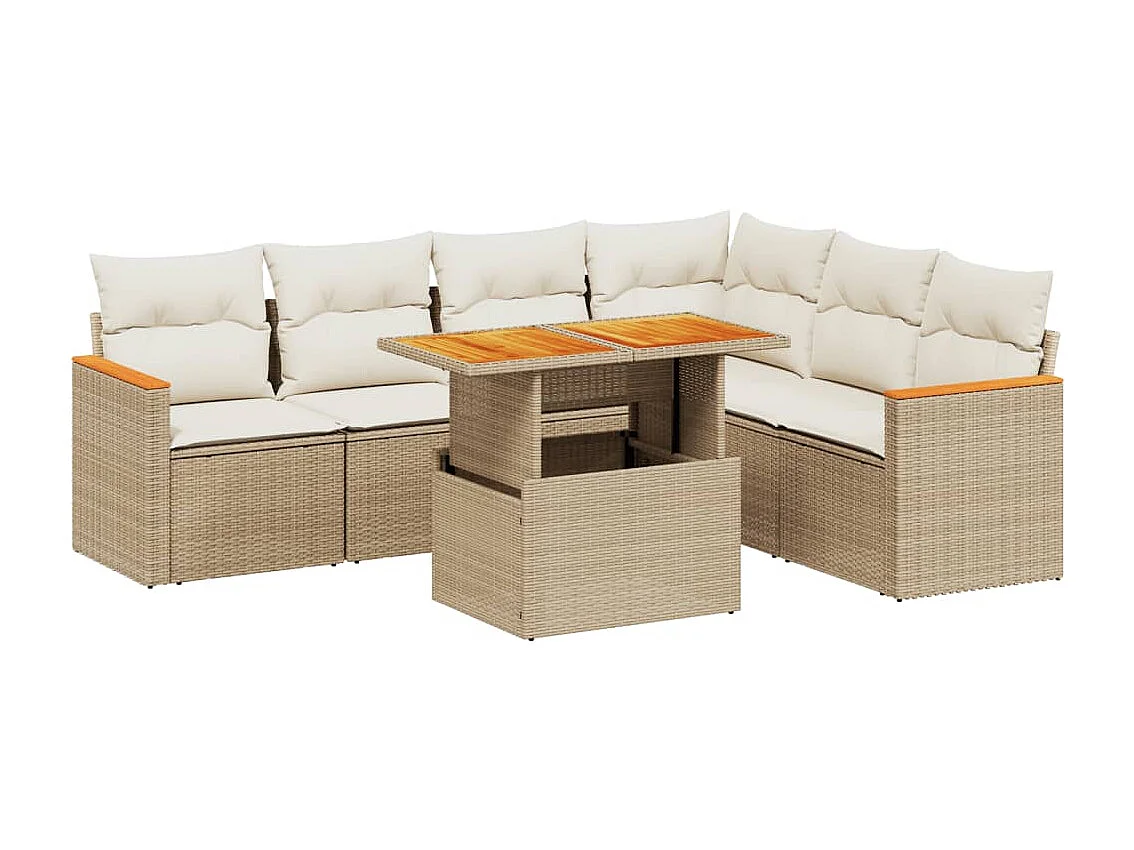7-delige Loungeset met kussens poly rattan beige