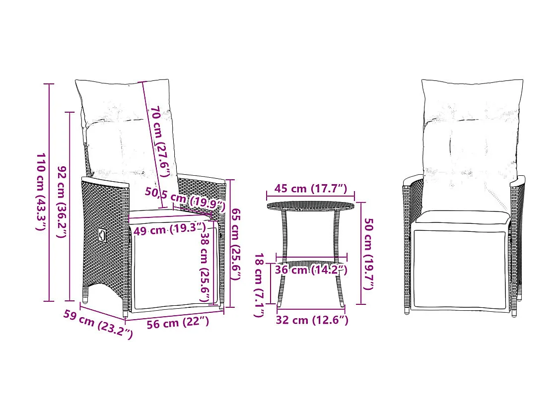 3-delige Bistroset met kussens poly rattan grijs