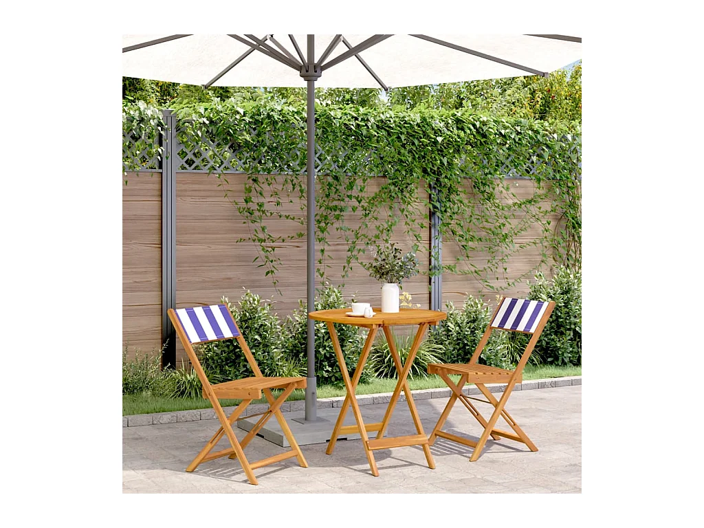 Ensemble de bistro 3 pcs bleu et blanc tissu et bois massif