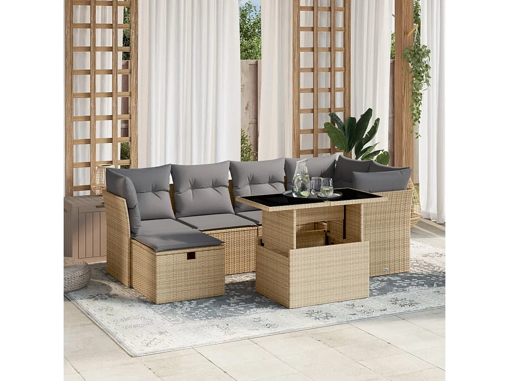 Salon de jardin avec coussins 7 pcs beige résine tressée