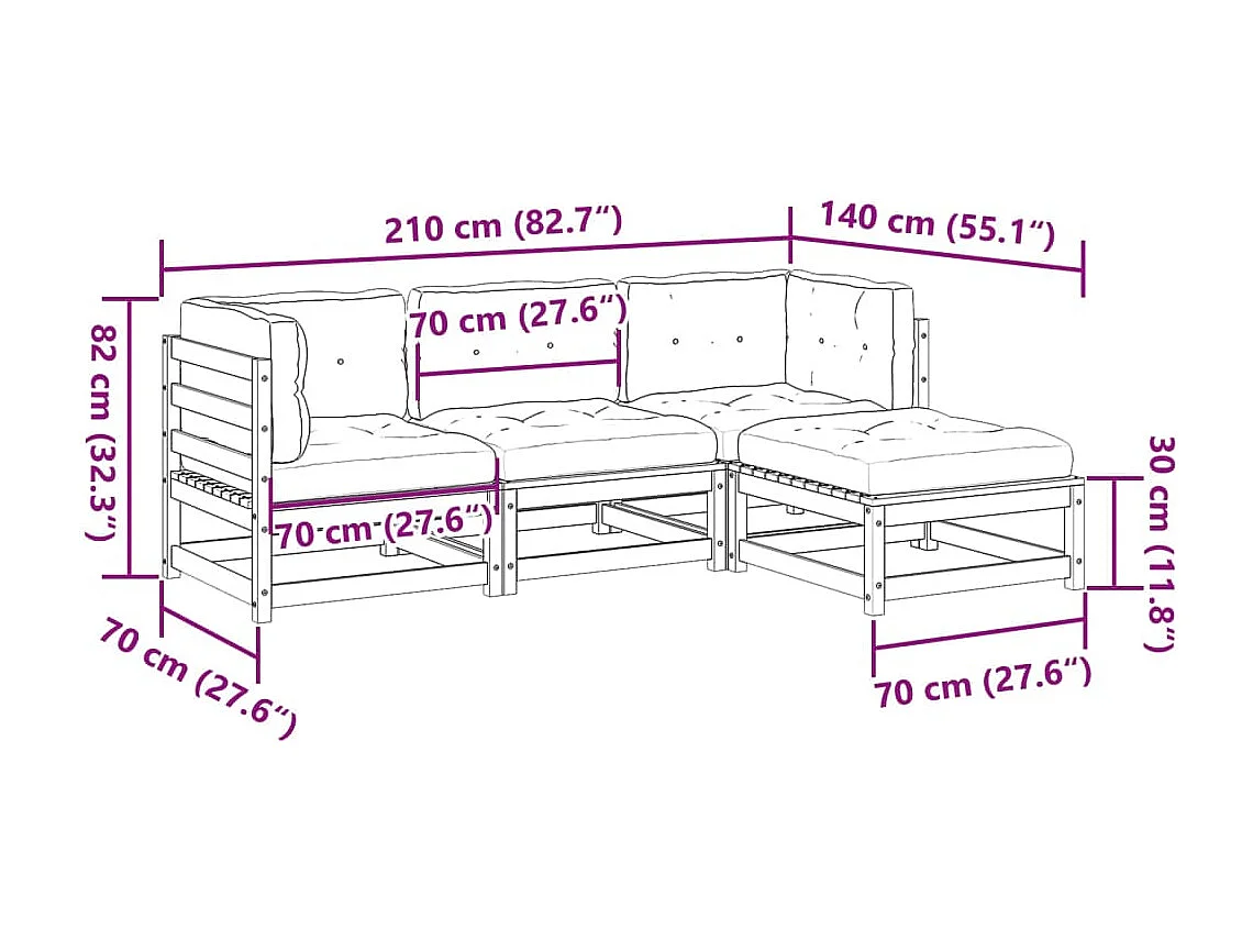 Salon de jardin 4 pcs avec coussins cire marron bois pin massif