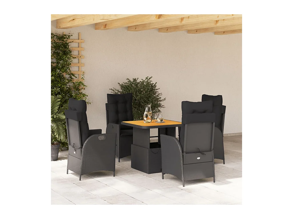 5-tlg. Garten-Essgruppe mit Kissen Schwarz Poly Rattan