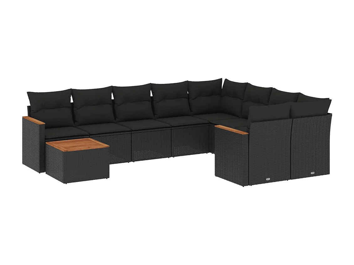 10-delige Loungeset met kussens poly rattan zwart