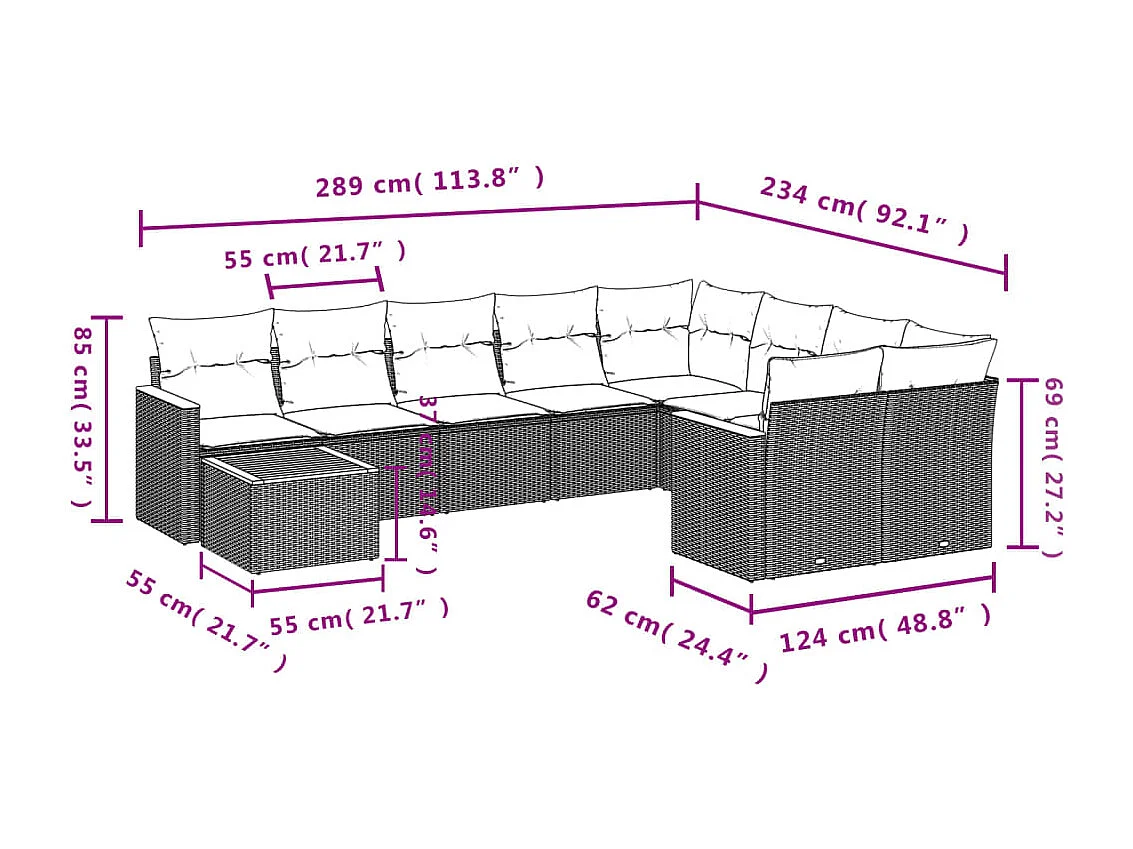10-delige Loungeset met kussens poly rattan zwart
