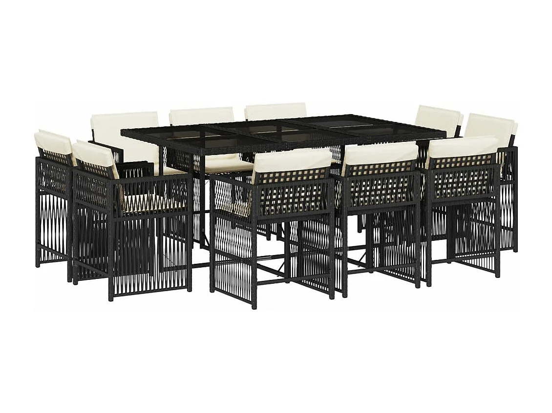 11 pcs conjunto de jantar p/ jardim c/ almofadões vime PE preto