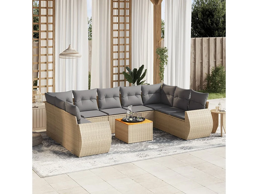 10-delige Loungeset met kussens poly rattan beige