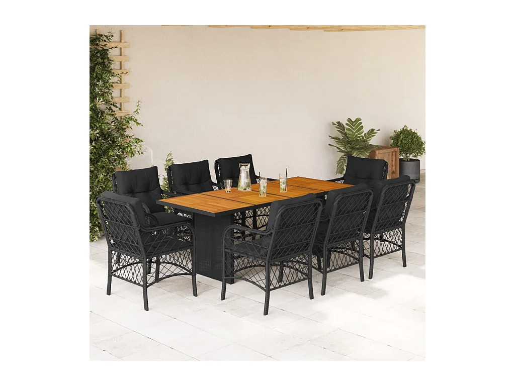 Ensemble à manger de jardin 9pcs coussins noir résine tressée