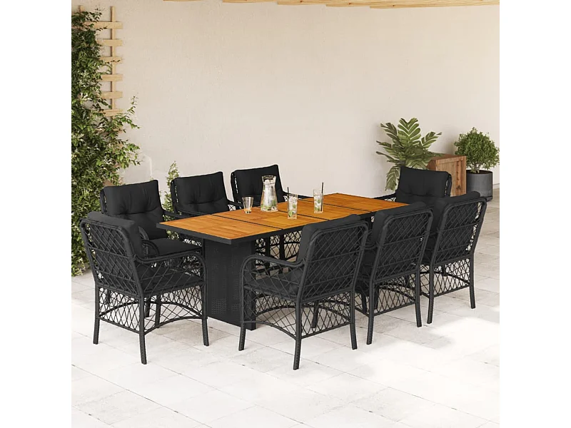 Set da Pranzo da Giardino 9 pz con Cuscini Nero in Polyrattan