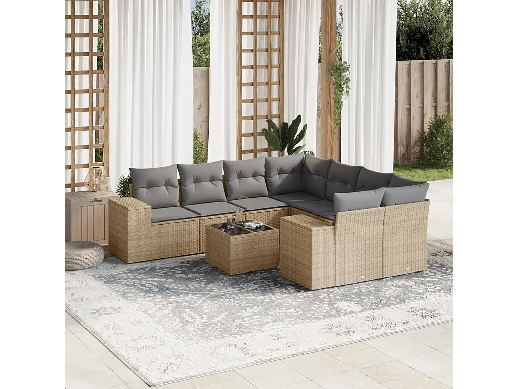 Salon de jardin avec coussins 9 pcs beige résine tressée