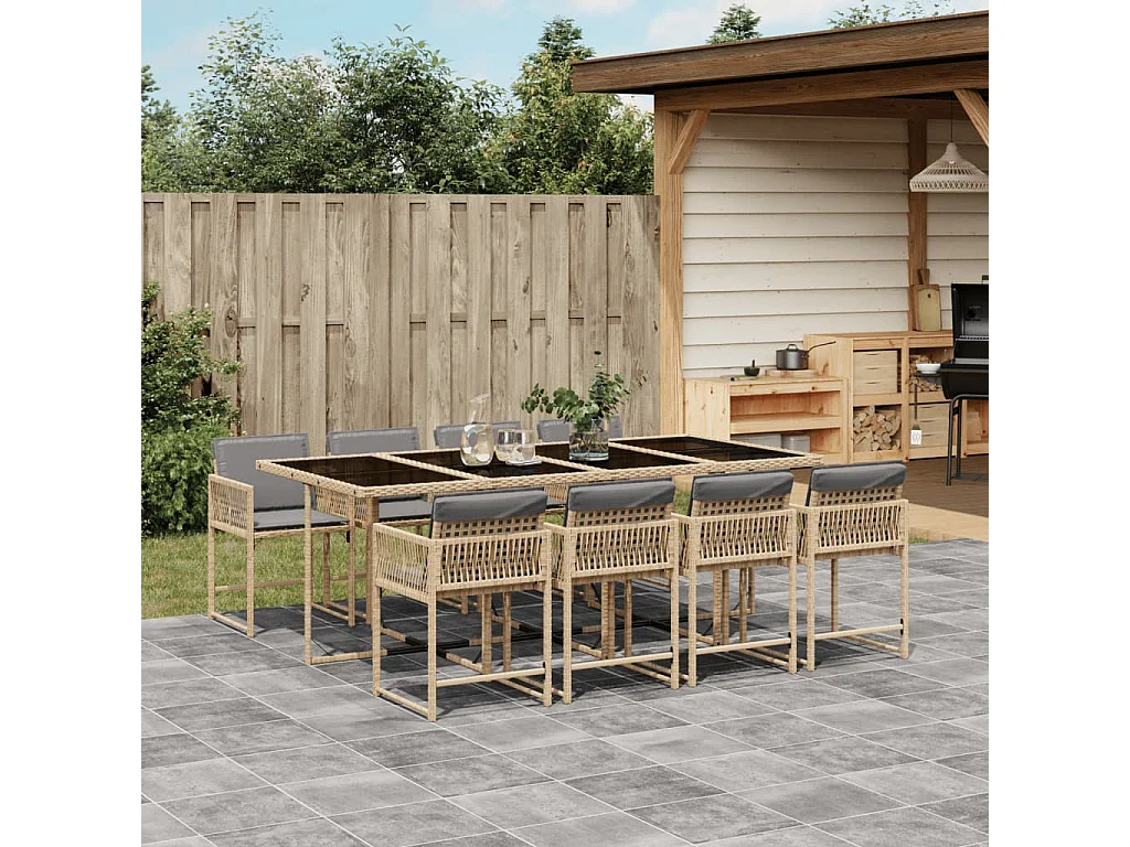 Set Pranzo da Giardino 9 pz con Cuscini Beige Misto Polyrattan