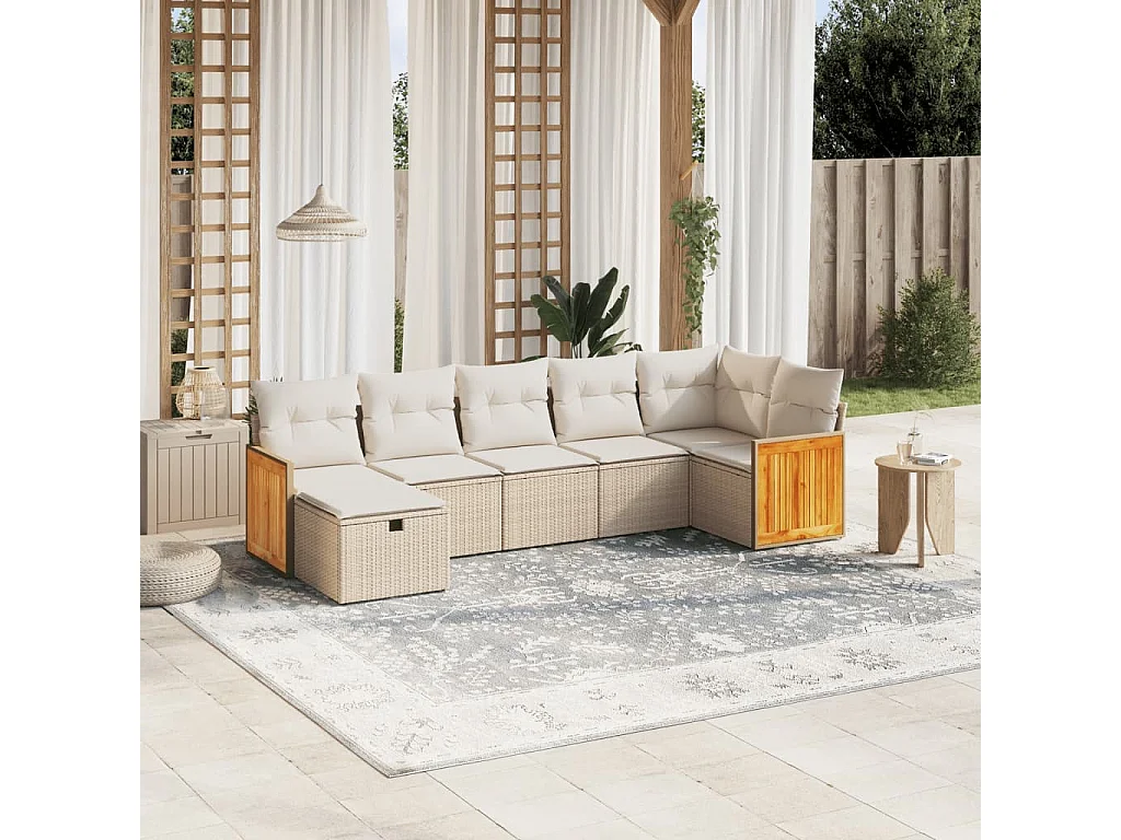 7 pcs conjunto de sofás p/ jardim com almofadões vime PE bege