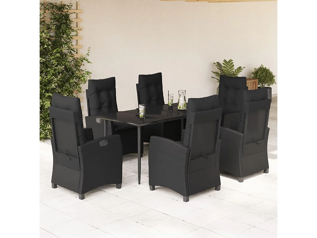 7 pcs conjunto de jantar p/ jardim c/ almofadões vime PE preto