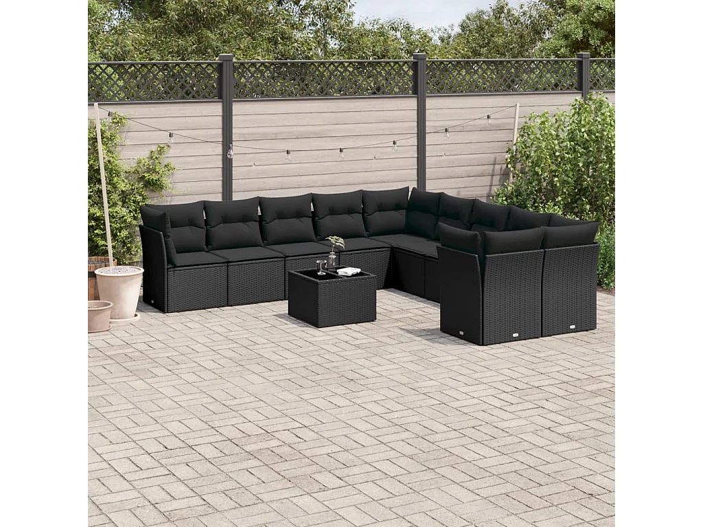 Set Divani da Giardino 11 pz con Cuscini in Polyrattan Nero