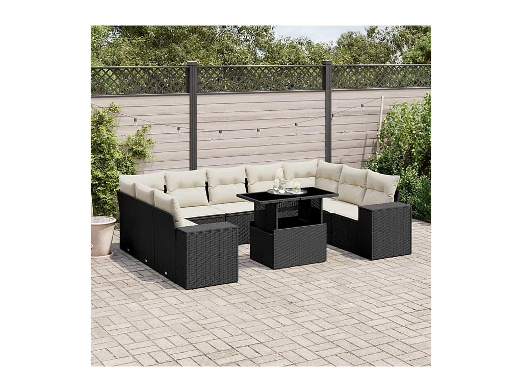 Set Divani da Giardino 10pz con Cuscini in Polyrattan Nero