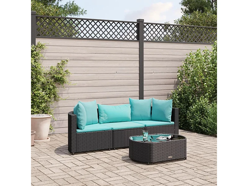 Salon de jardin 4 pcs avec coussins noir résine tressée