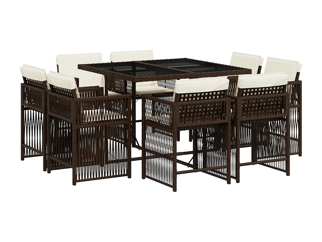 Ensemble à manger de jardin et coussins 9 pcs marron poly rotin