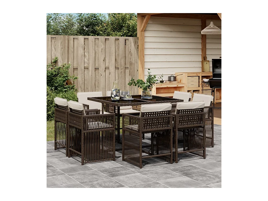 Set da Pranzo da Giardino 9pz con Cuscini Marrone in Polyrattan