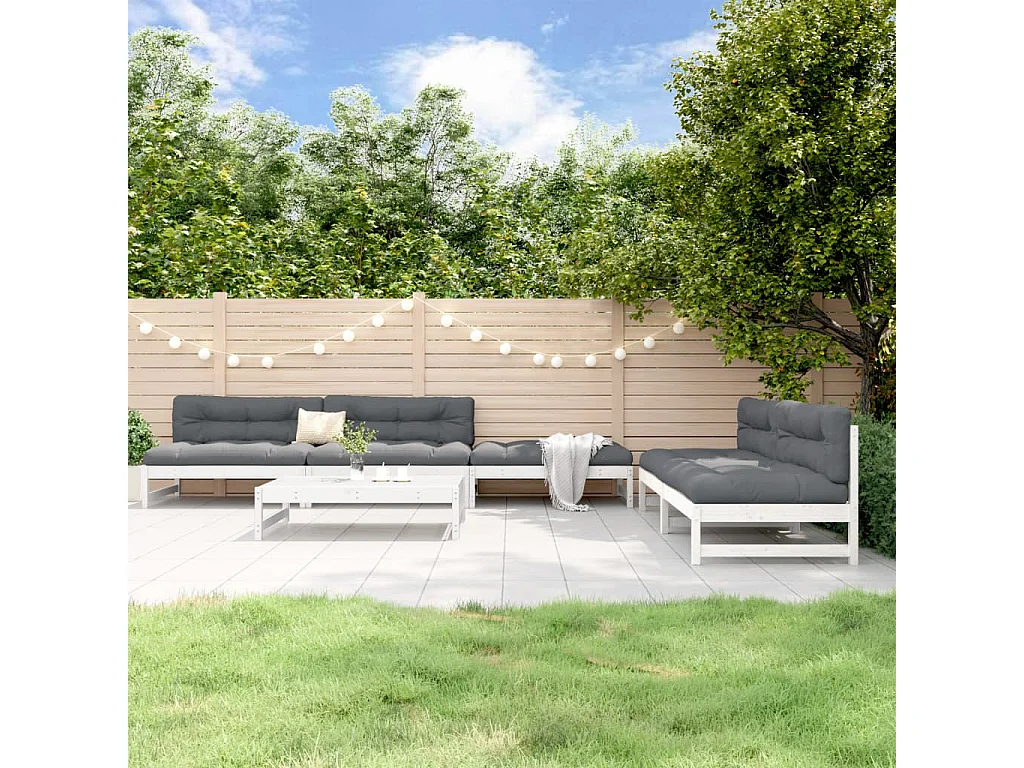 Salon de jardin 6 pcs Blanc Bois de pin massif