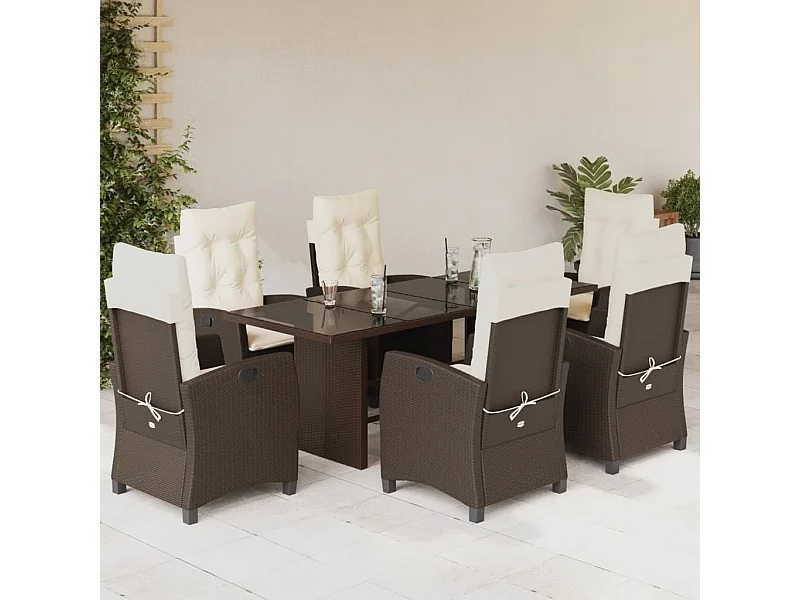 Set da Pranzo da Giardino 7pz con Cuscini in Polyrattan Marrone