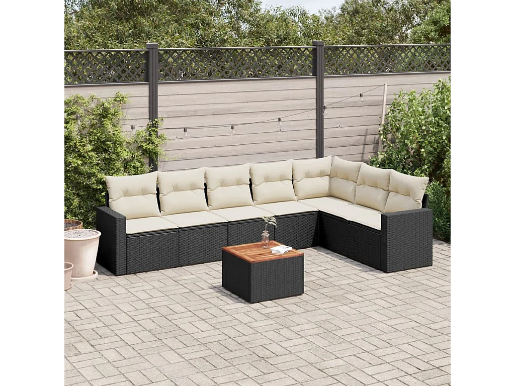 8-delige Loungeset met kussens poly rattan zwart