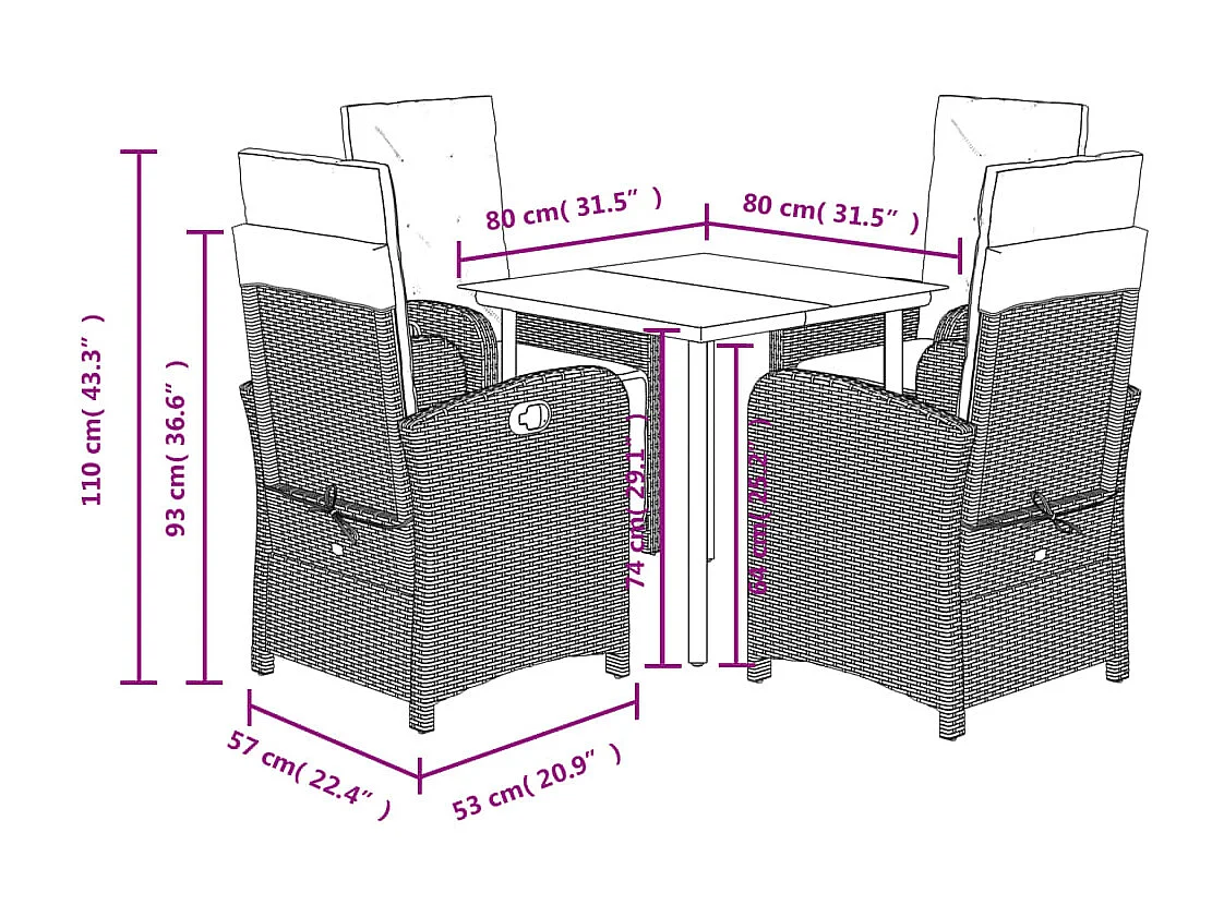 Set comedor de jardín 5 piezas y cojines ratán sintético marrón