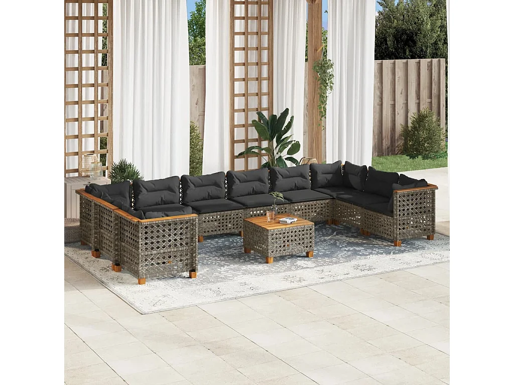 Set Divani da Giardino 11 pz con Cuscini in Polyrattan Grigio