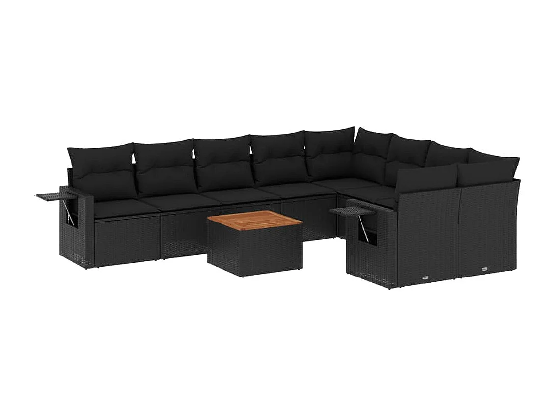 10-delige Loungeset met kussens poly rattan zwart