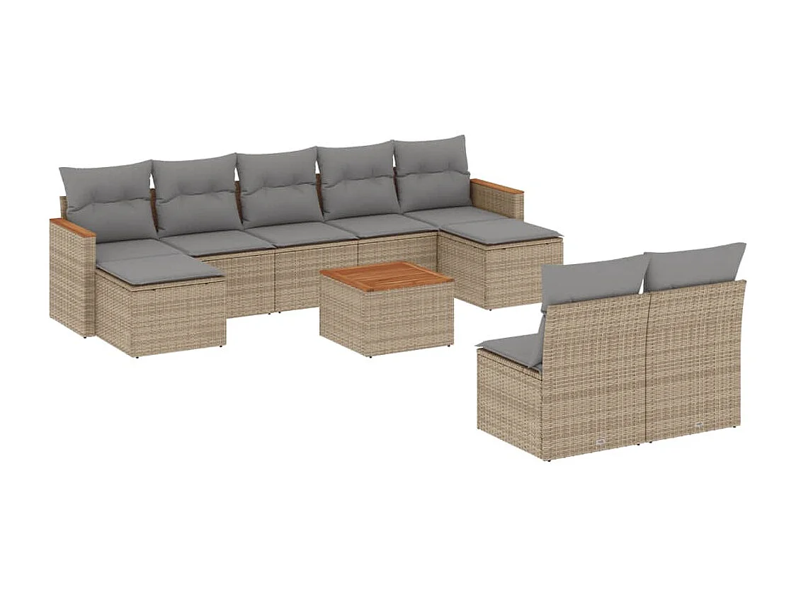 Salon de jardin avec coussins 10 pcs beige résine tressée