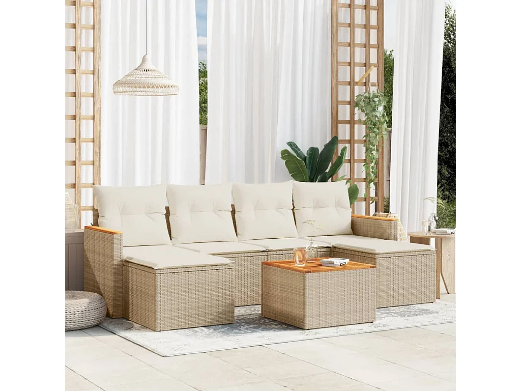 7-tlg. Garten-Sofagarnitur mit Kissen Beige Poly Rattan