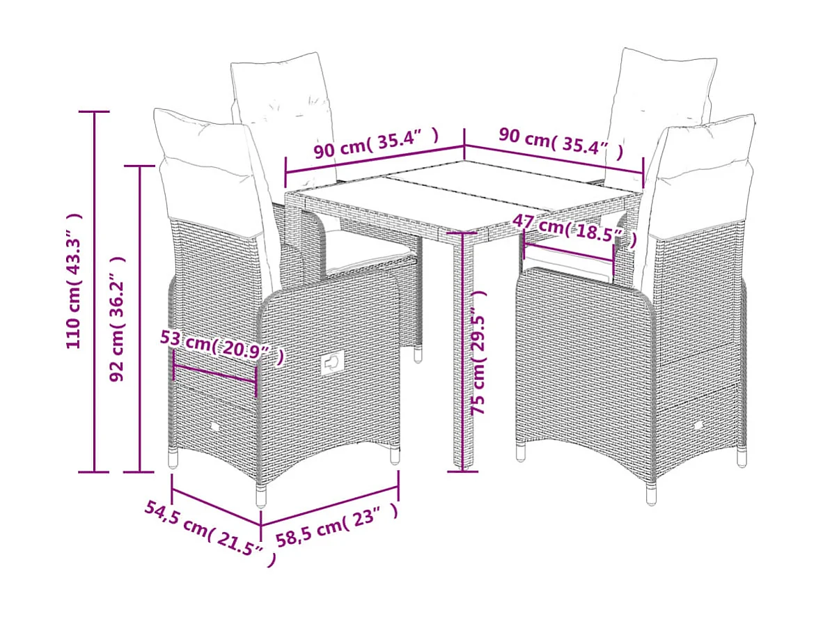 Ensemble de bistro de jardin 5 pcs coussins marron poly rotin