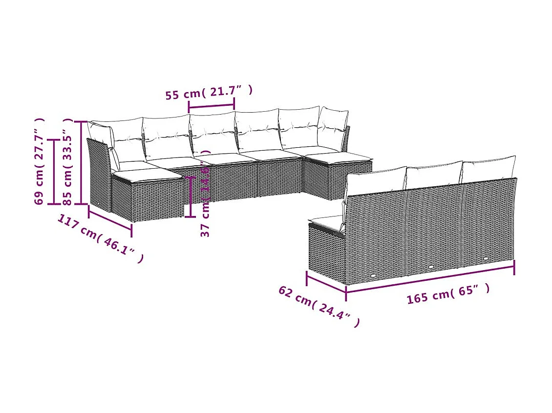 Salon de jardin 10 pcs avec coussins marron résine tressée