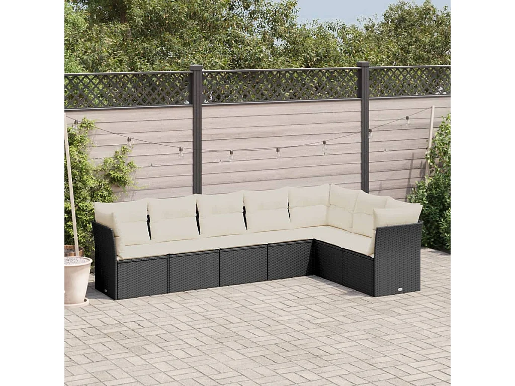 Salon de jardin 7 pcs avec coussins noir résine tressée