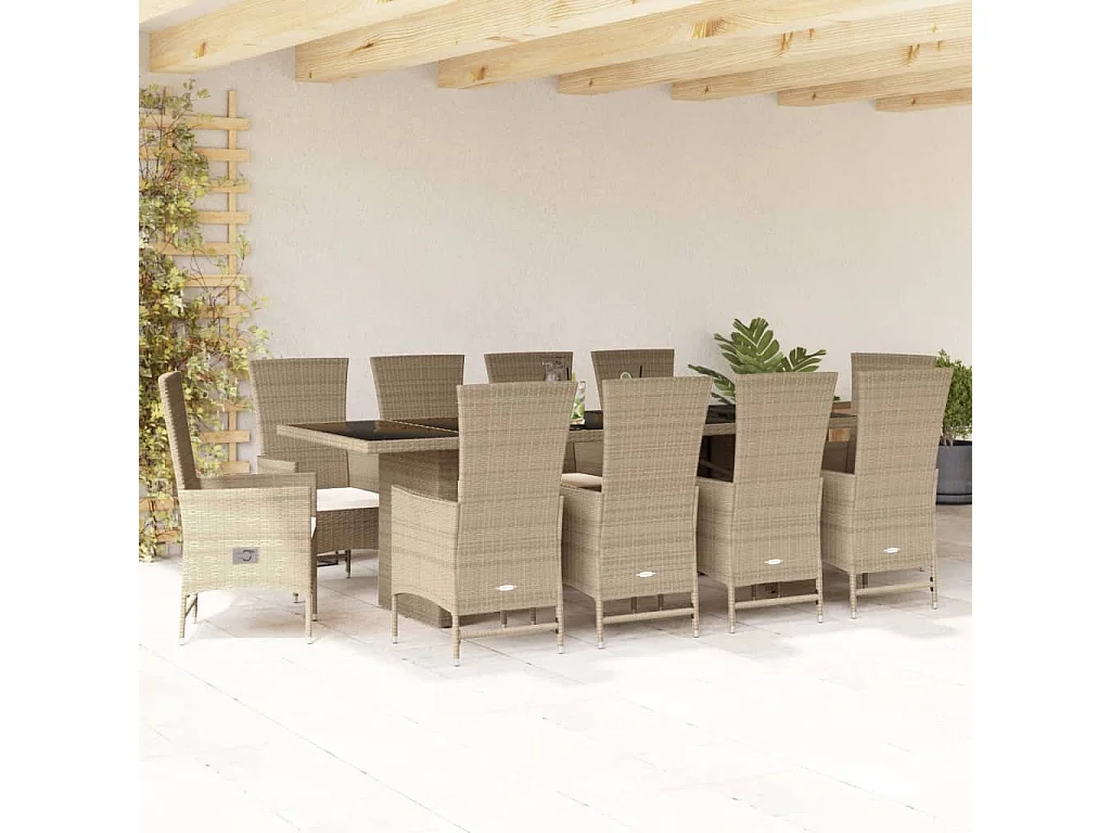 Ensemble à manger de jardin et coussins 11 pcs beige poly rotin