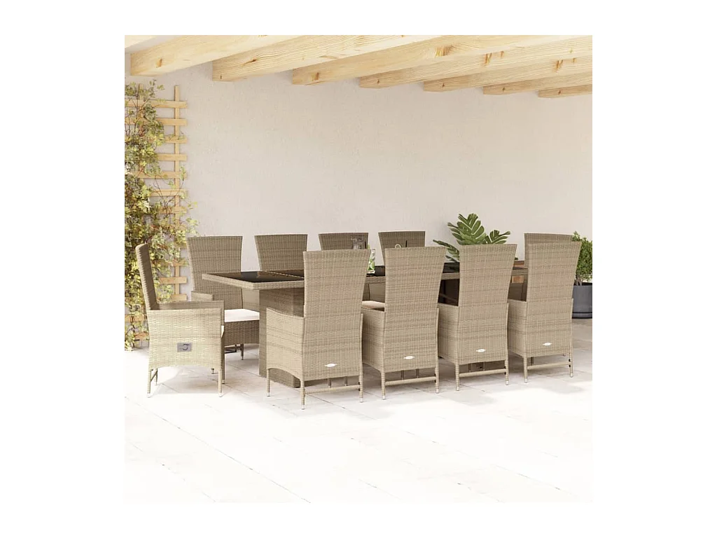 11 pcs conjunto de jantar p/ jardim com almofadões vime PE bege