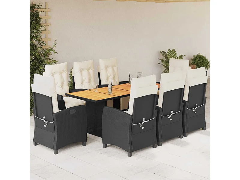 Set da Pranzo da Giardino 9 pz con Cuscini Nero in Polyrattan