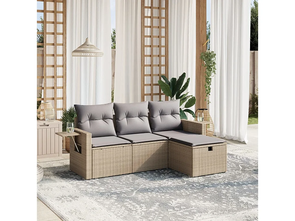 Salon de jardin avec coussins 4pcs mélange beige résine tressée