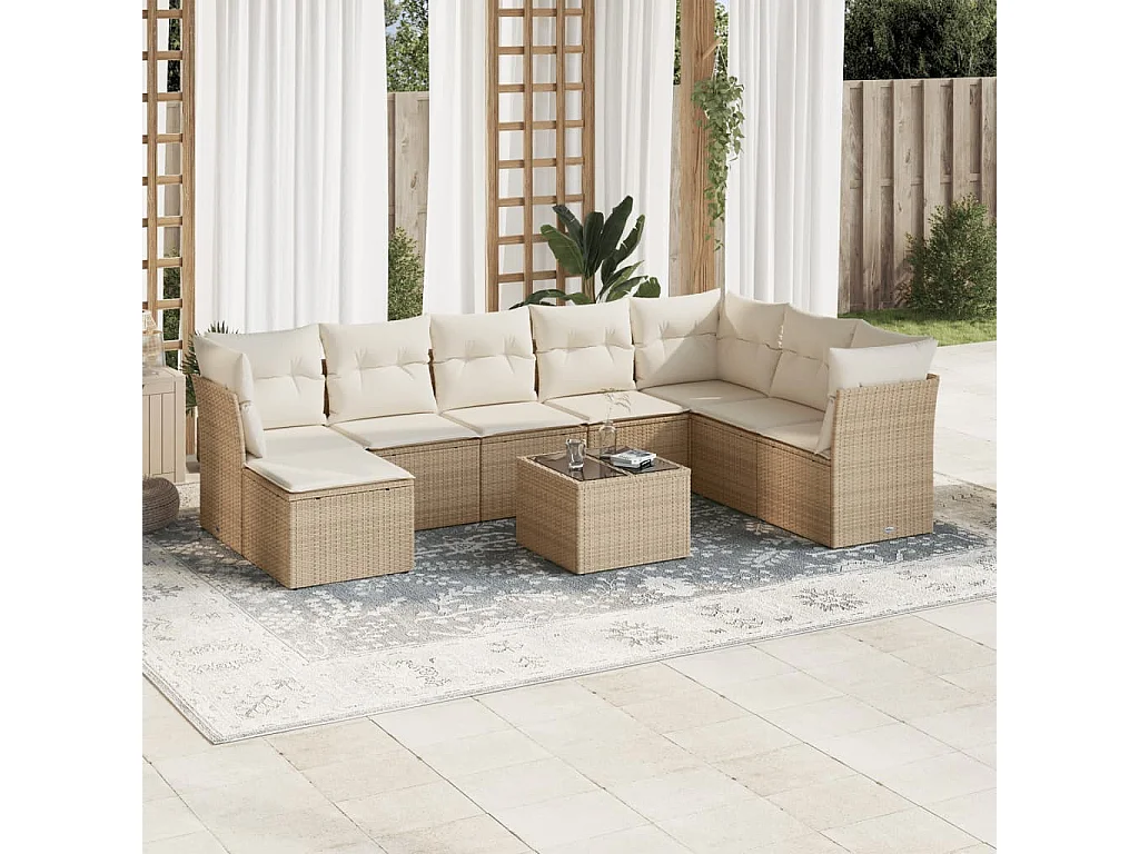 Salon de jardin avec coussins 9 pcs beige résine tressée