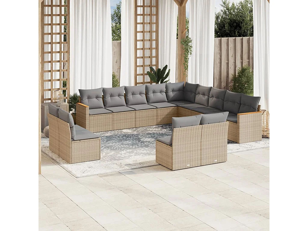 Salon de jardin et coussins 13 pcs mélange beige résine tressée