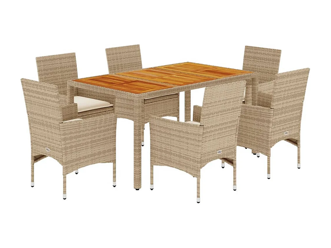 Ensemble à manger de jardin et coussins 7pcs beige rotin acacia