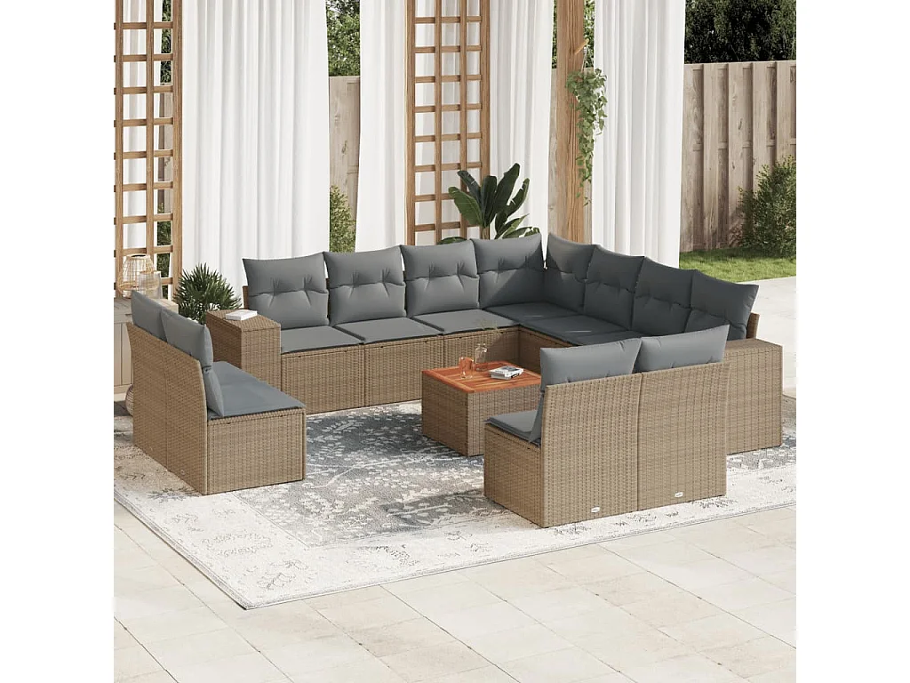 Salon de jardin avec coussins 12 pcs beige résine tressée
