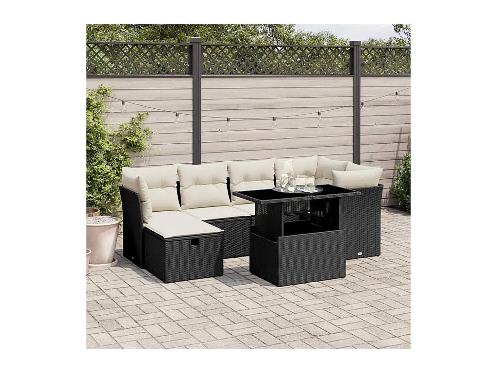 Set Divani da Giardino con Cuscini 7pz Nero Polyrattan