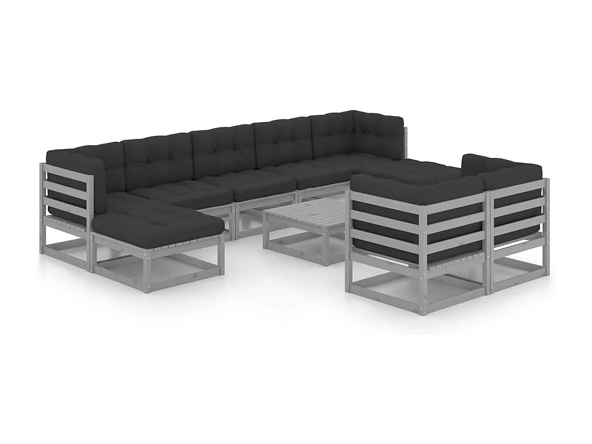Set Divani da Giardino 10pz con Cuscini Grigio Massello di Pino