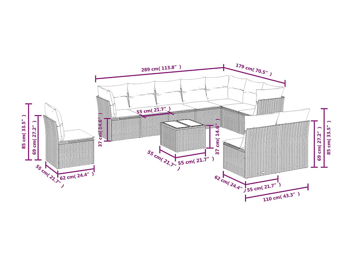 Set Divani da Giardino 11 pz con Cuscini in Polyrattan Nero