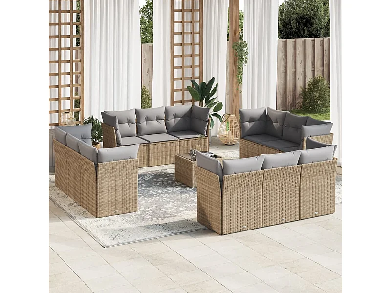 Set Divano da Giardino 13 pz con Cuscini Beige in Polyrattan