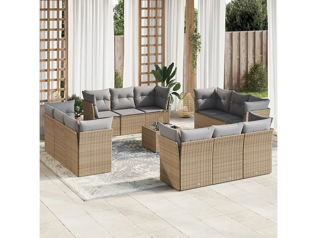 Salon de jardin avec coussins 13 pcs beige résine tressée